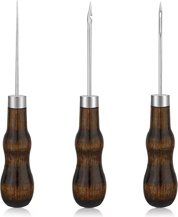 ZXIIXZ 3 Pcs Sewing Awl, Leather Scratch Hollow Hook Awl Tool Kit, Awl Tool Sewing Supplies with Gourd Shape Wooden Handle for DIY Leather Sewing Stitching Bookbinding Punching Repairing Craft